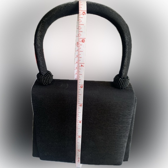 Little black satin evening designer style purse with long & top handle - Picture 7 of 8